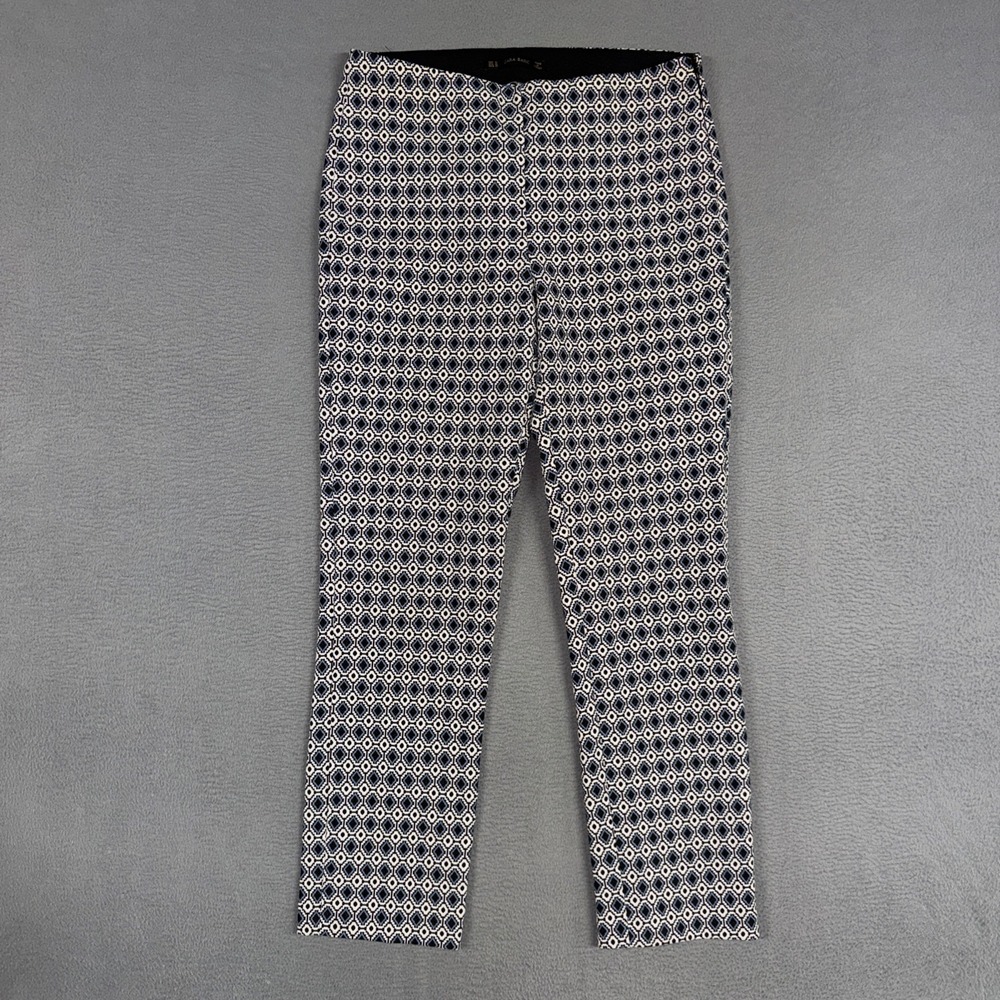 Zara Basic Pants Womens Medium Blue White Geometric Diamond Stretch Trousers